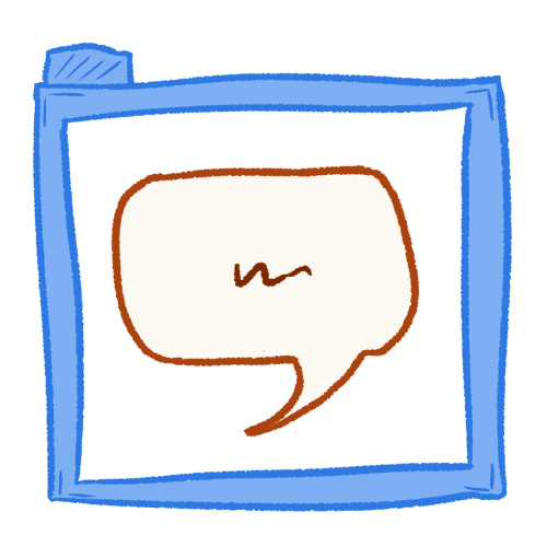 A speech bubble with a squiggle in it inside of a transparent blue folder.